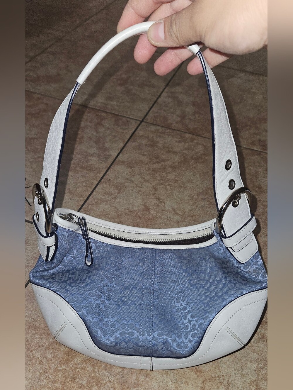 Coach Blue and White Monogram Bag with Matching Heeled Sandals - Picture 6 of 9